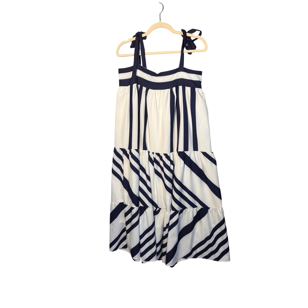 Alex Vinash Maxi Dress L Blue White Striped Tie Shoulder Nautical Coastal Resort
